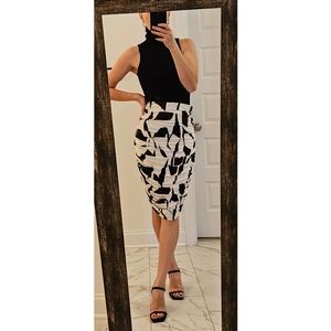 Express Abstract Print Stretchy Matte Jersey Ruched Midi Skirt